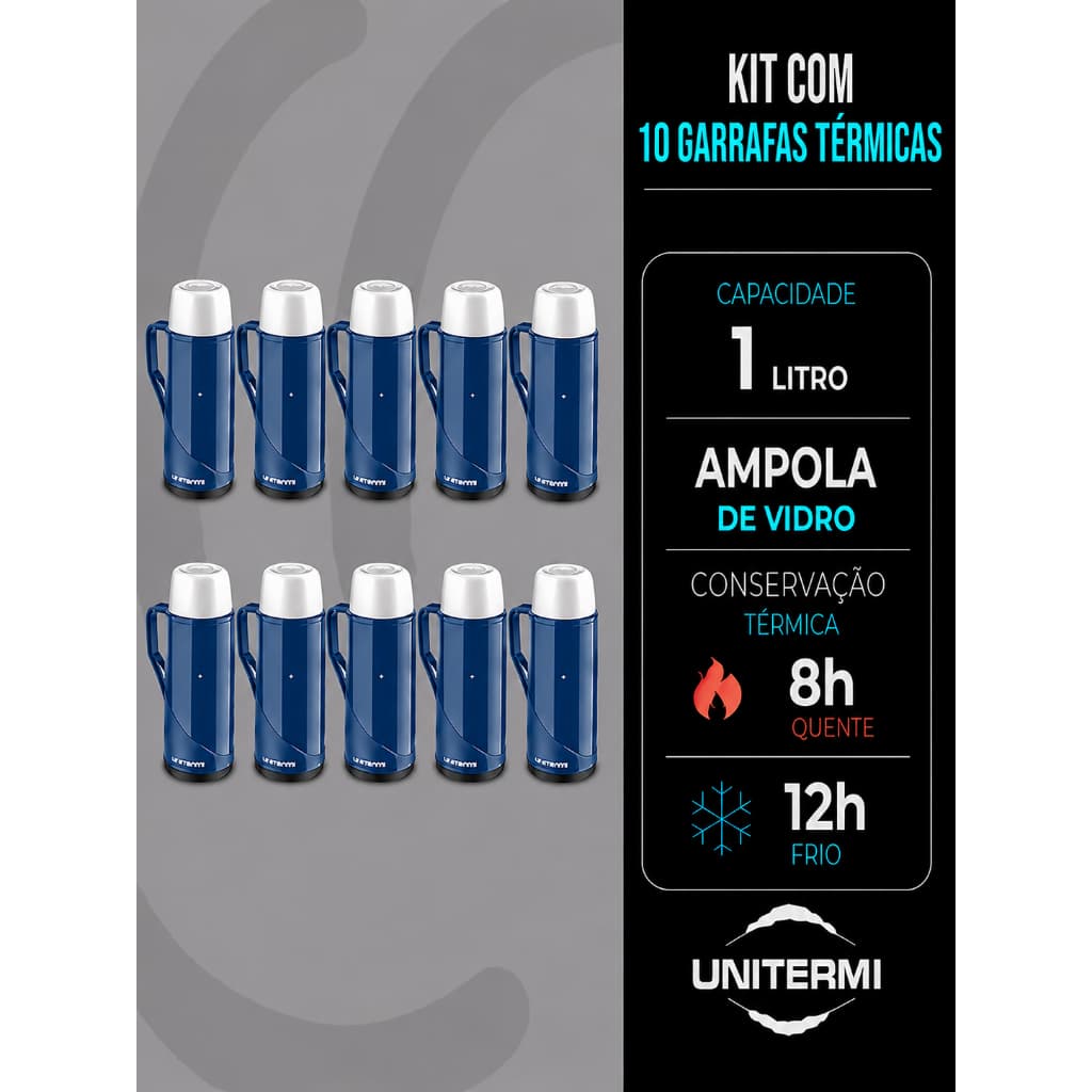 Kit 10 Garrafas Térmicas 1 Litro Unitermi Roma Tampa Rolha Bico Dosador Conservação Térmica Premium