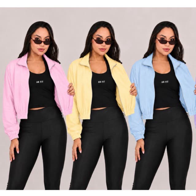 Jaqueta Corta Vento Bomber Esportiva Feminina Roupa Fitness Corrida Candy Color