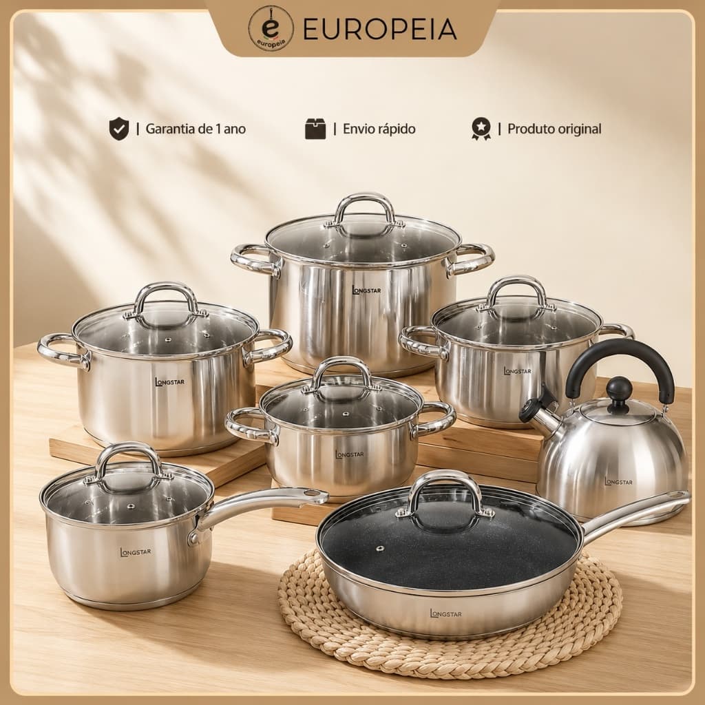 Jogo de Panelas Aço inox 18/10 Longstar 14 peças Multiuso com Chaleira