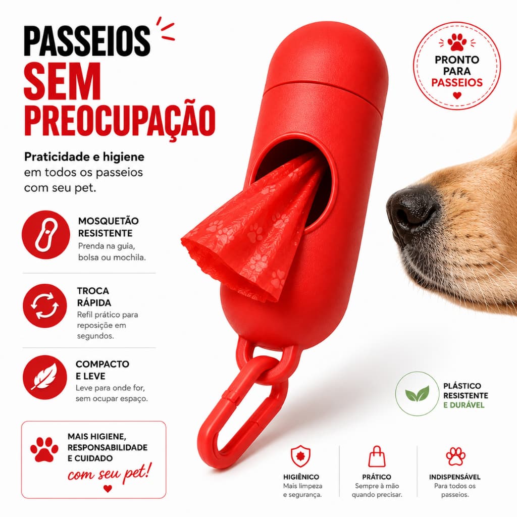 Dispensador de sacos para coleta de FEZES Cães e Gatos com refil prático material reforçado higienico  passeio com o pet
