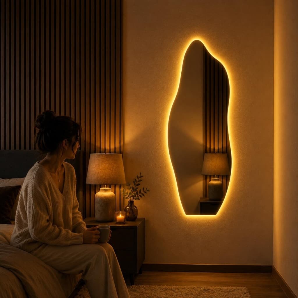 Espelho Flame Led Bivolt 100cm x 35cm Flame Sem Led Polido Sala Salão Luxo Led Branco Led Neutro Led Amarelo Lançamento