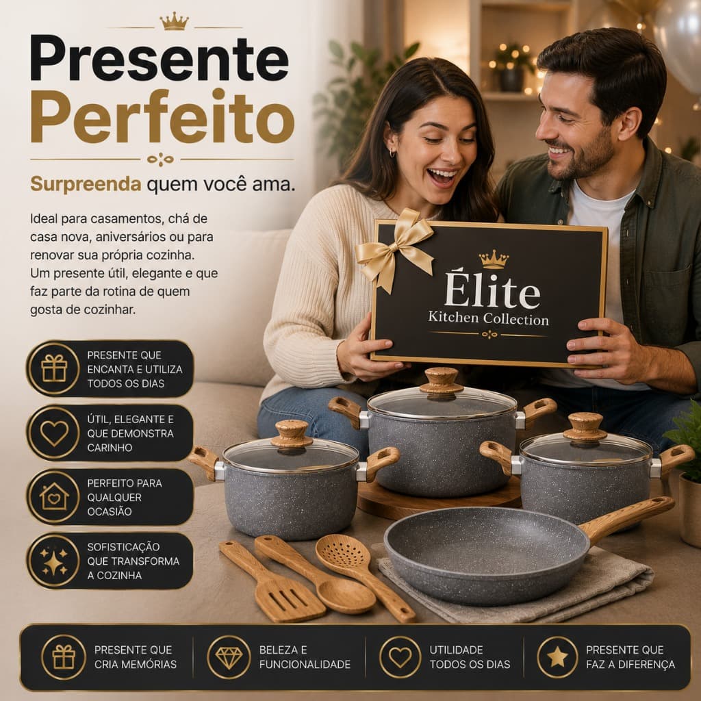 🔥 Kit Jogo De Panelas 4 Peças + 3 Utensílios Antiaderente Cinza Elite Kitchen Collection + brinde 3 colheres madeira 🥓