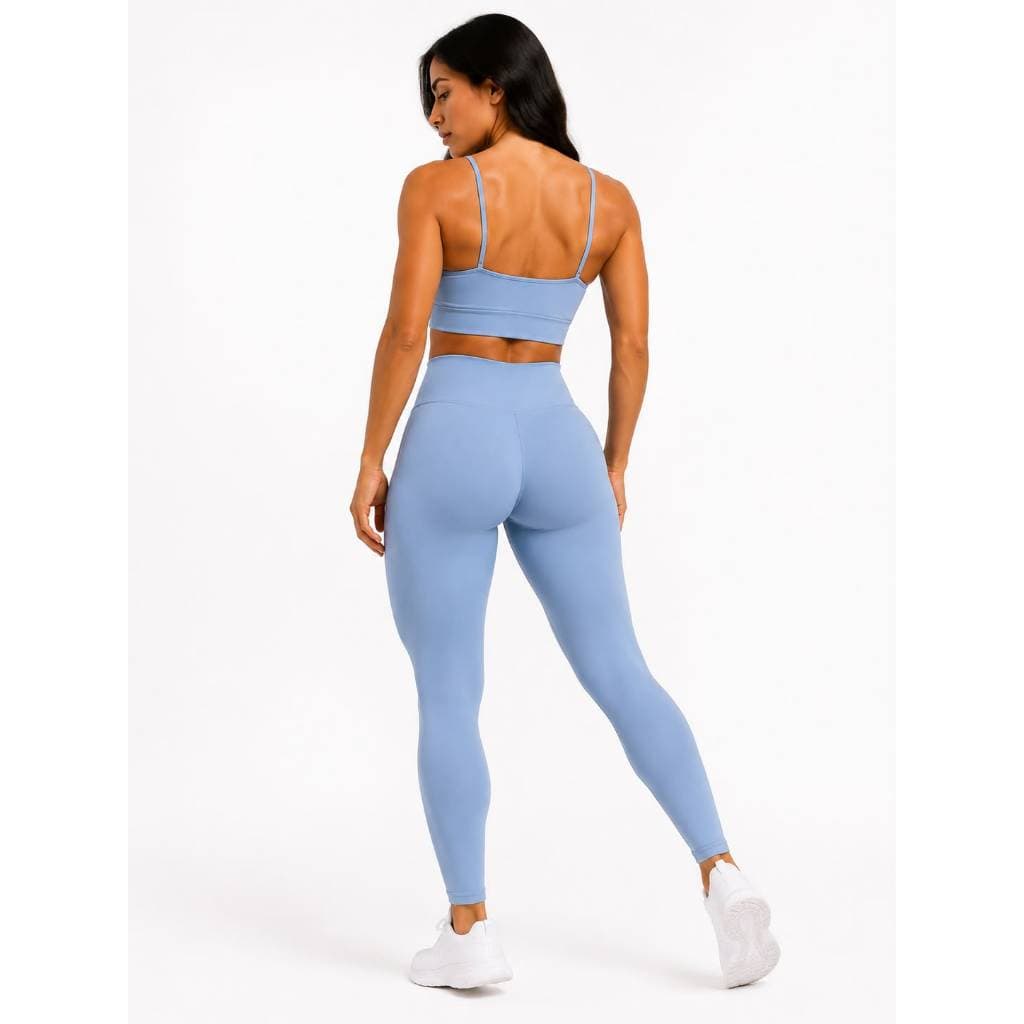 Conjunto azul claro top e calça em poliamida e elastano academia fitness ioga