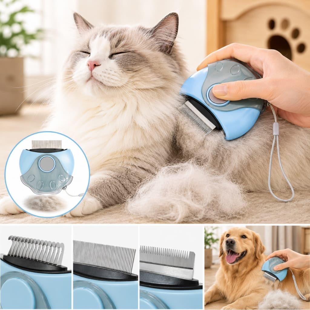 Escova Pet 3 em 1 para Gatos e Cães, Pente Removedor de Pelos, Desembaraçador e Massageador
