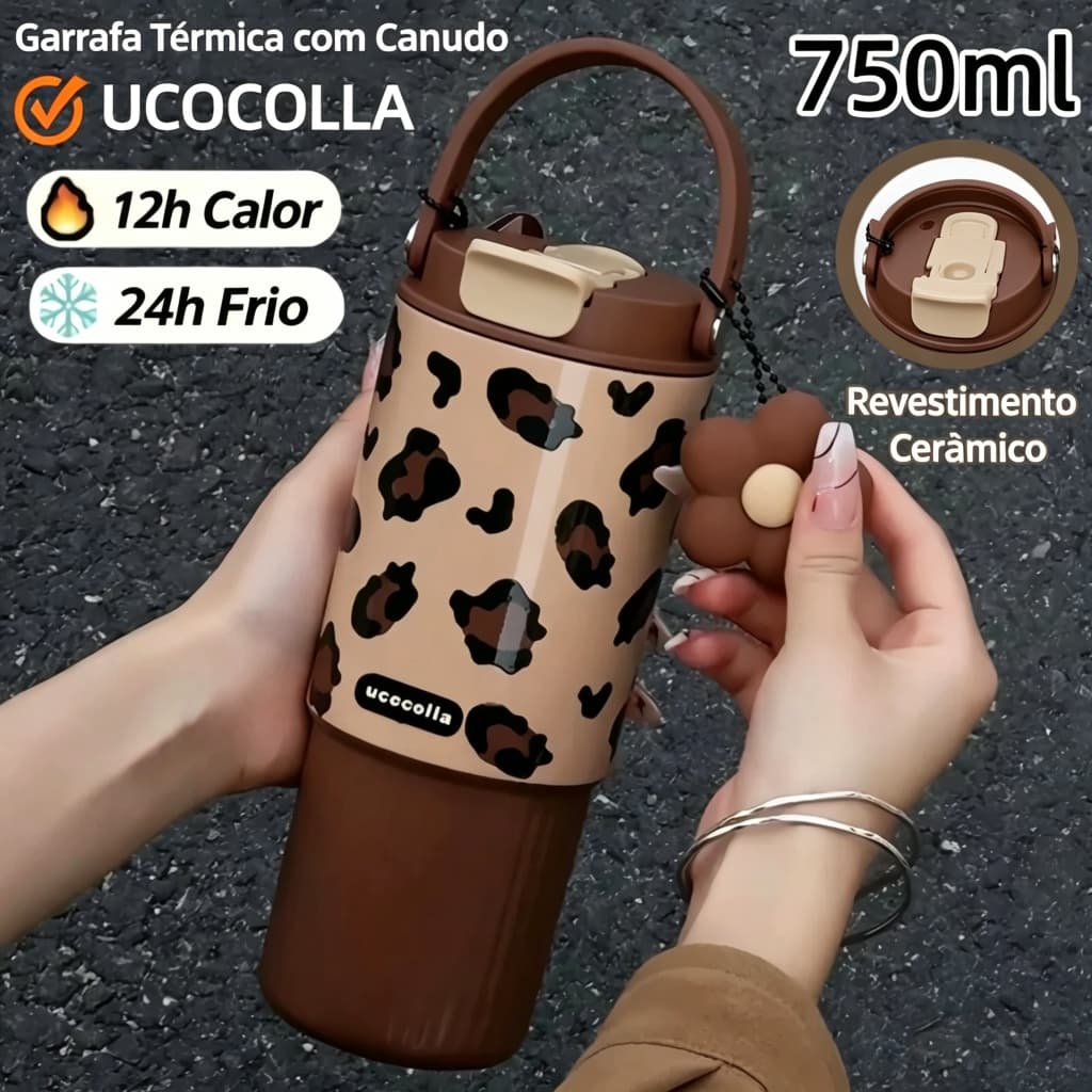 UCOCOLLA 750ml Garrafa Térmica Fashion Com Canudo Aço Inox Com Pingente Portátil Alça Quente/Frio Monet Garden Design