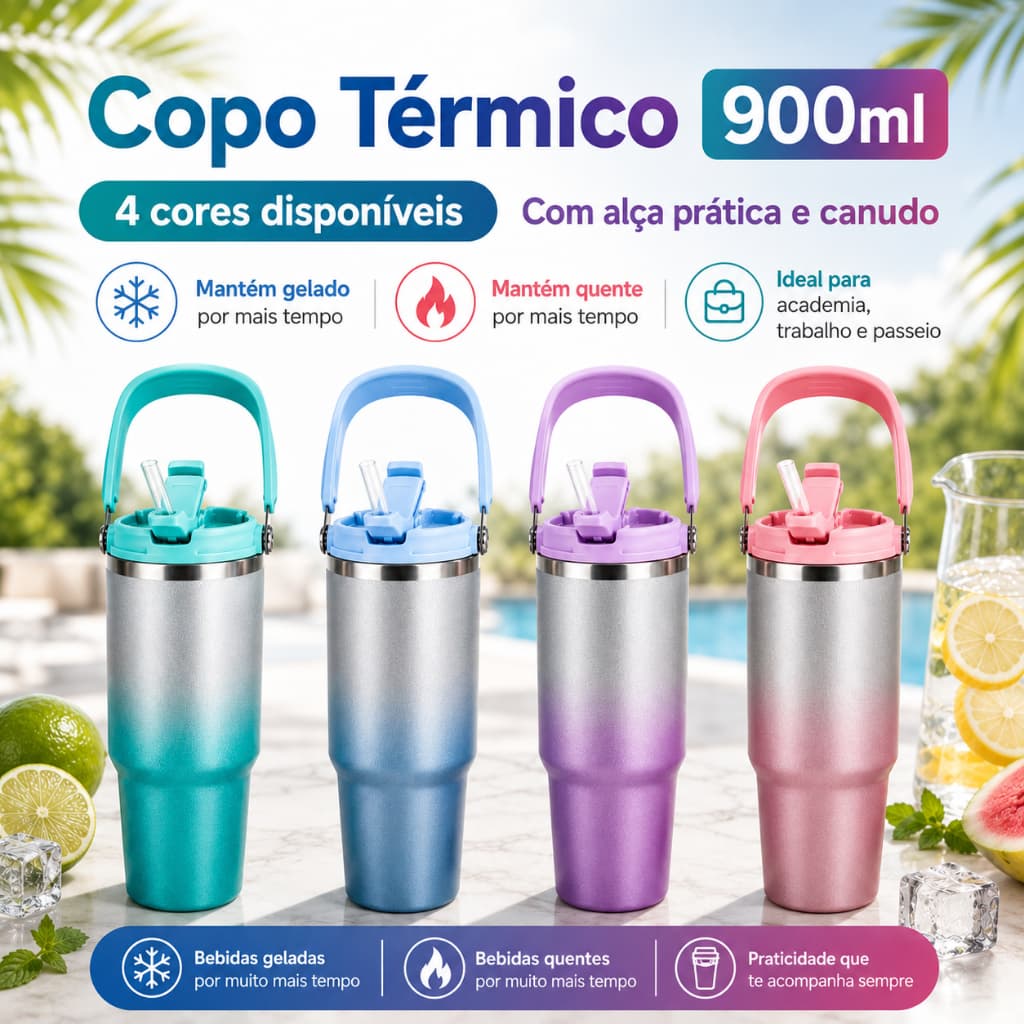 Copo Térmico 900ml em Inox Degradê com Alça e Tampa de Abertura Fácil para Água, Café, Chá, Academia, Trabalho e Viagens