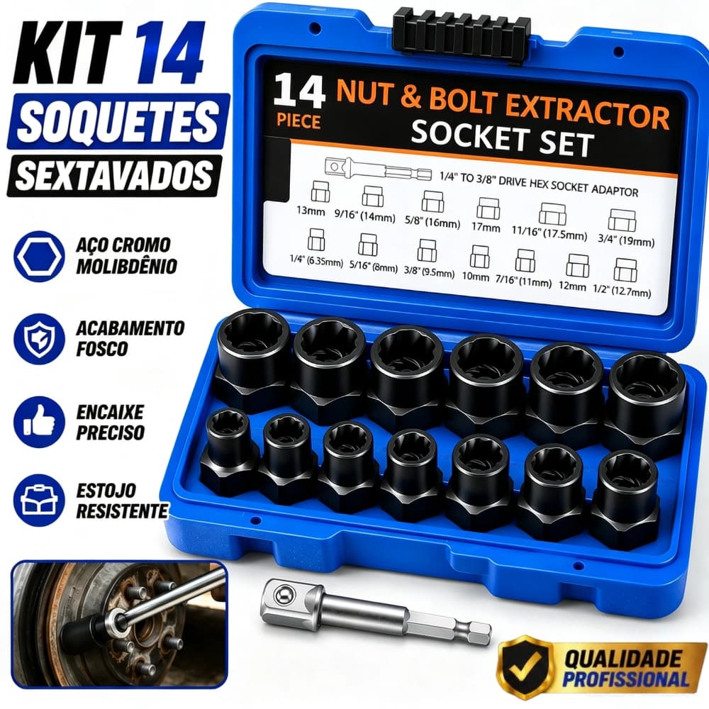 Kit 14 Peças Soquete Extrator de Parafuso e Porca de Impacto – Aço Cr-V – Pronta Entrega