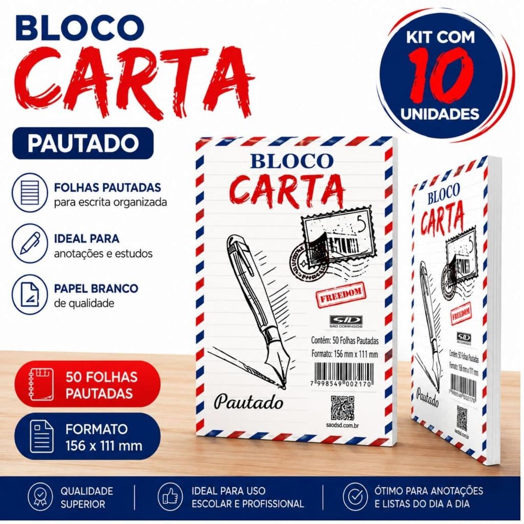 Pacote Com 10 Bloco Carta Pequeno 50 Folhas Pautadas