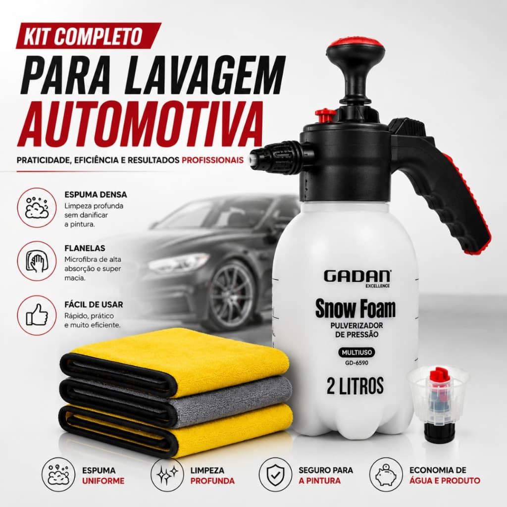 Pulverizador de Pressão + 3 Flanelas - Borrifador de Alta Pressão de 2 Litros Snow Foam