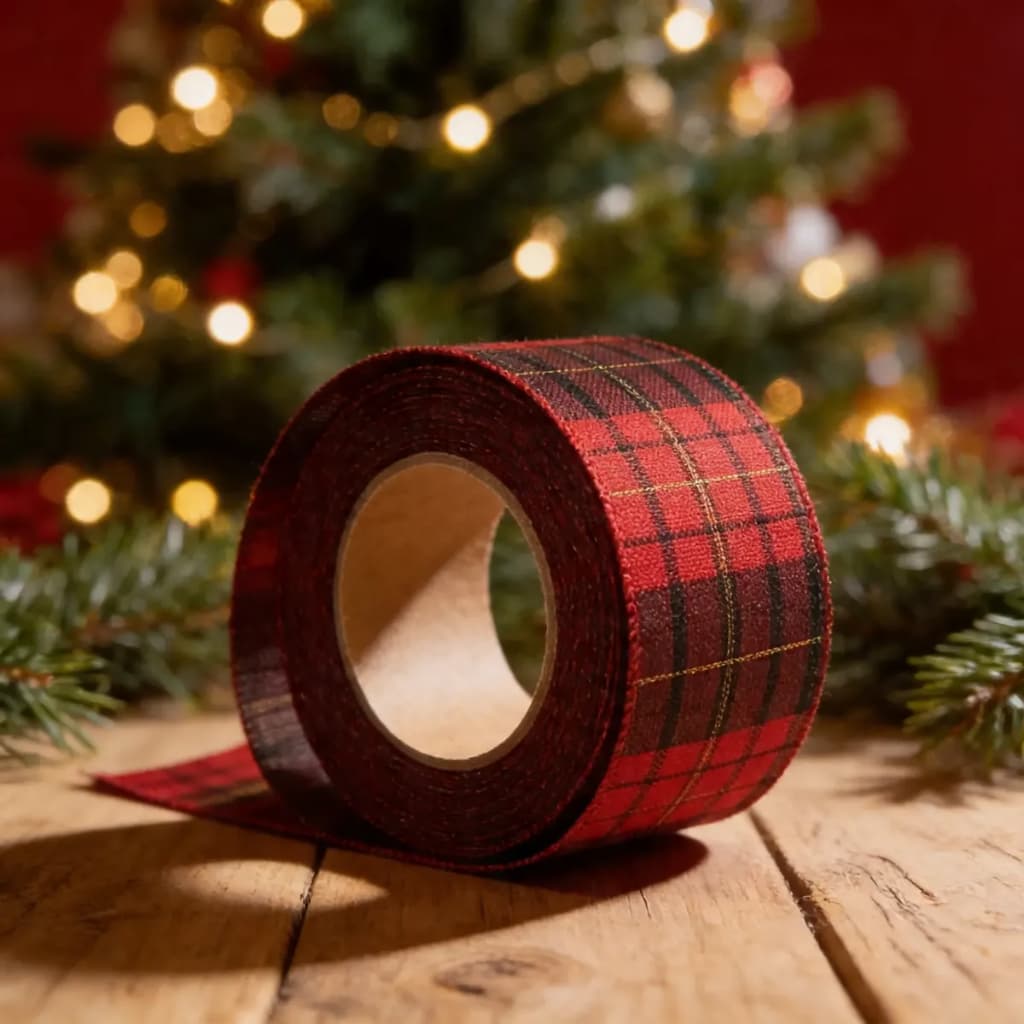 Fita Natalina Aramada 6,3cm Xadrez Natal Laço 9,14m