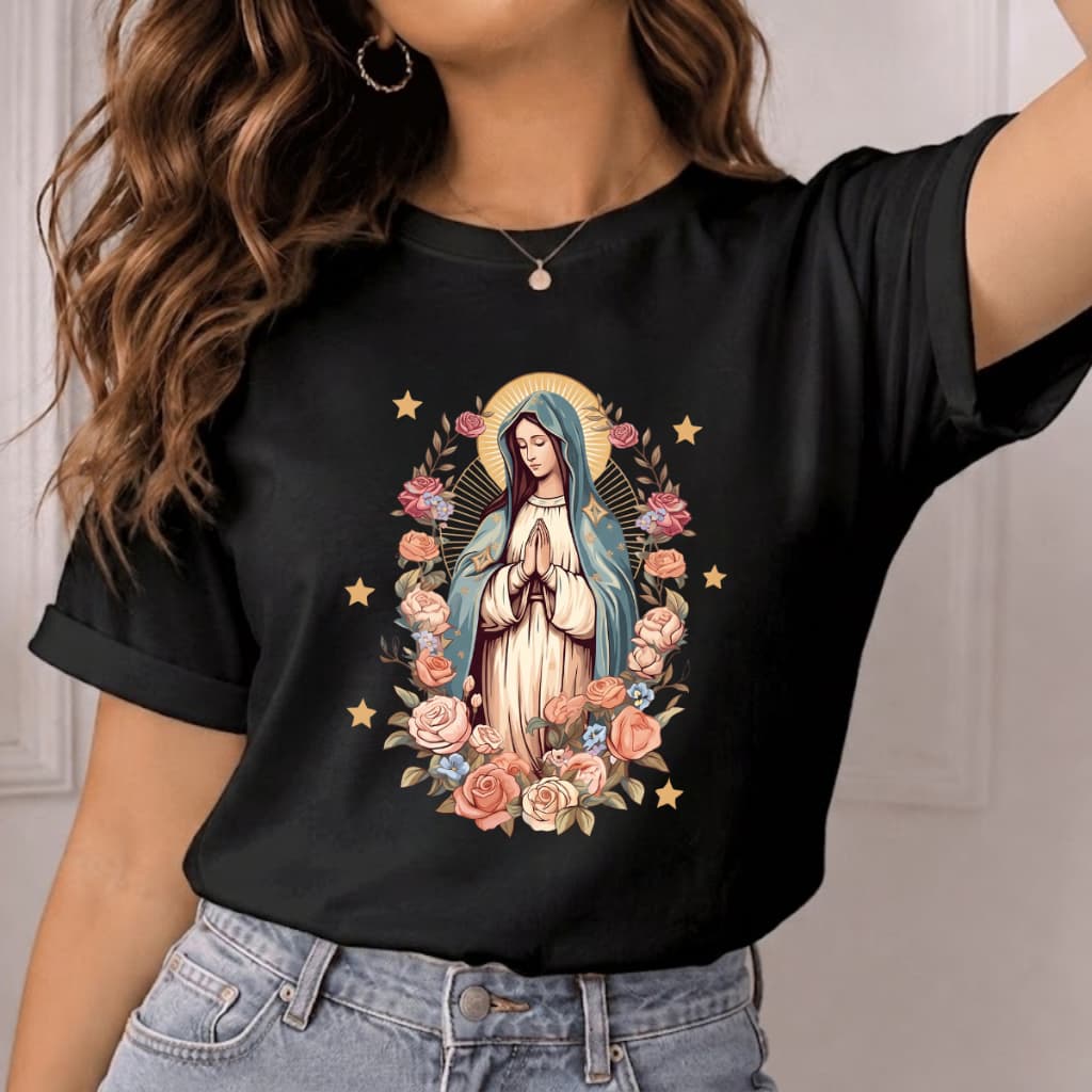 Camiseta Católica Cristã Feminina Nossa Senhora Aparecida Virgem Maria Estampa Religiosa T-Shirt