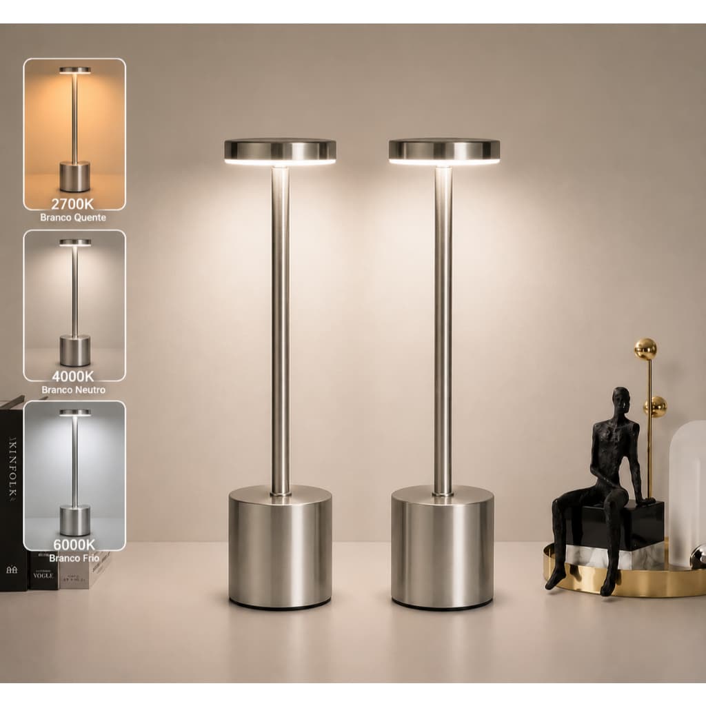 Kit 2 Luminárias Mesa Abajur Touch Led Dimerizável Decoração Sem Fio 3000k Recarregável Aço Escovado