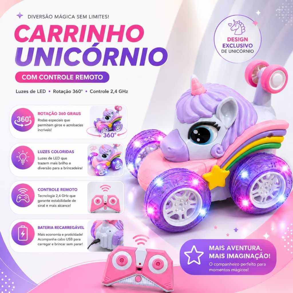 Carrinho de Controle Remoto Unicórnio ToyKing UniKart 360° Stunt com Luzes LED, Bateria Recarregável e Controle 2.4GHz