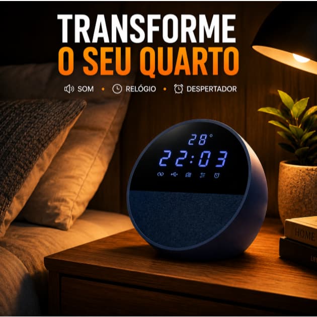 Relógio Despertador com Caixa de Som Bluetooth 15W LED para Quarto e Mesa Decorativo