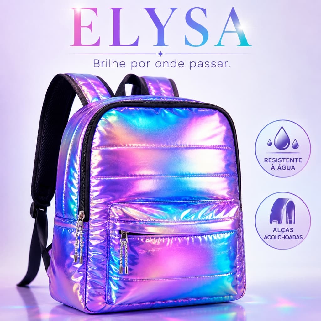Mochila Holográfica Feminina Escolar ELYSA Metalizada Fashion Impermeável Resistente à Água