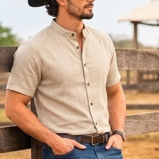 Camisa Masculina Gola Padre Linho Premium Social Elegante Manga Curta Básica Country