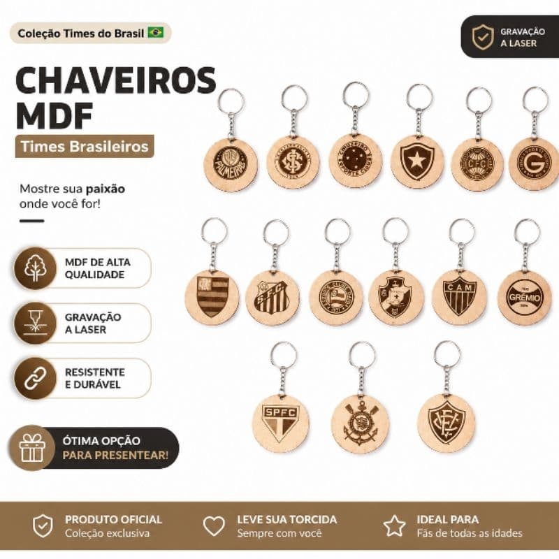 Chaveiro Time Futebol MDF 5cm Gravado a Laser Personalizado Escudo Clube Presente Torcedor