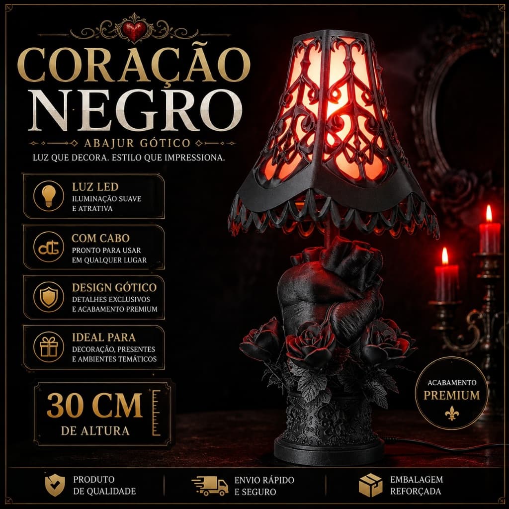 Abajur Gótico Coração Negro LED 30cm Luminária Decorativa com Cabo
