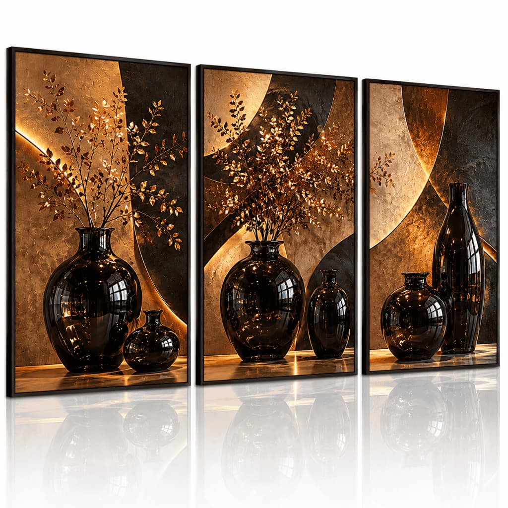 Quadro Decorativo Tríptico Moderno Luxo Preto e Dourado – Kit com 3 Peças para Sala e Escritório