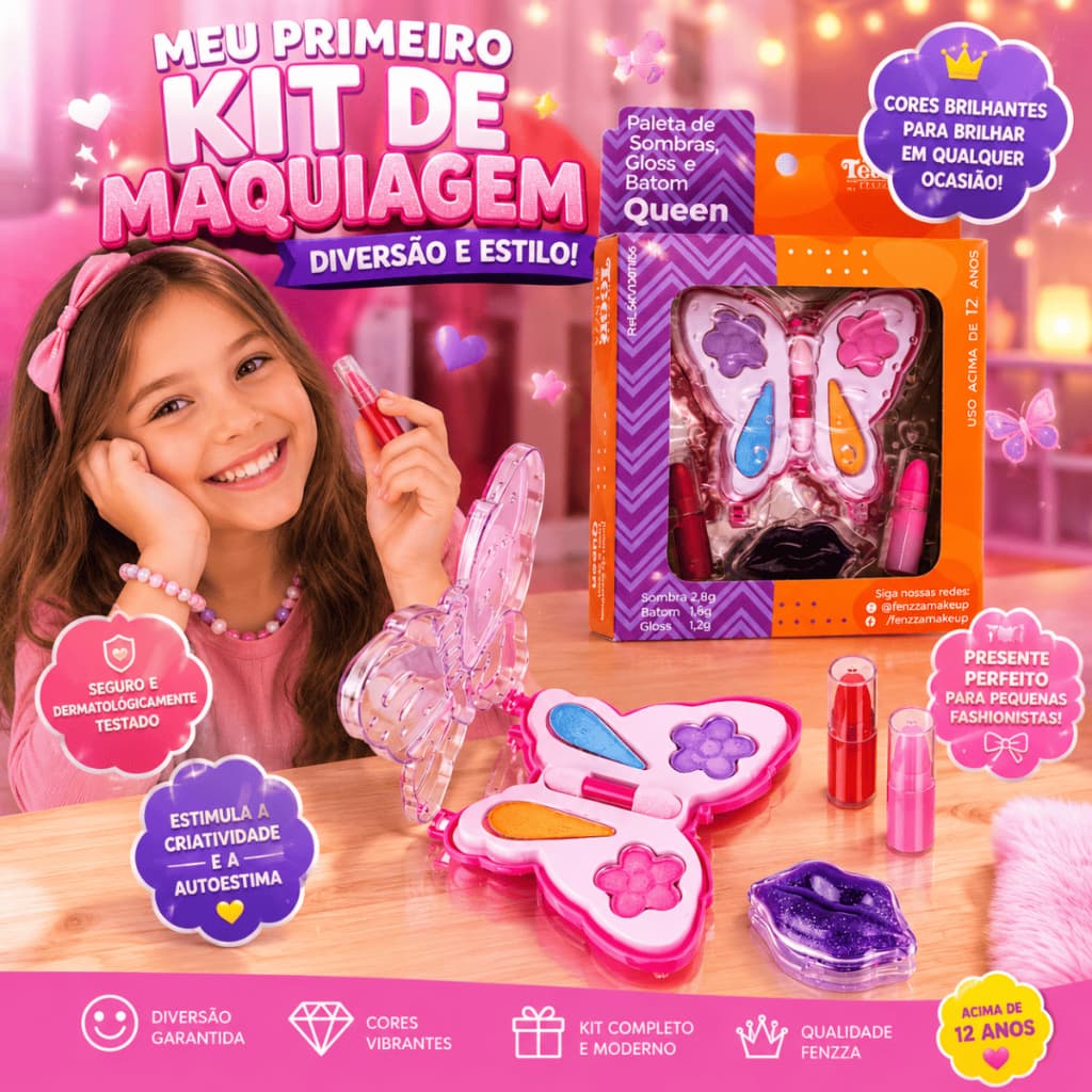 Conjunto Maquiagem Infantil Paleta De Sombras, Gloss E Batom Teen Queen Fenzza Borboletinha
