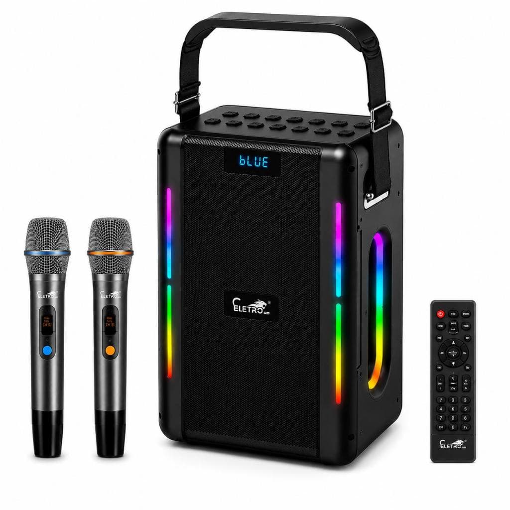 Caixa de Som Bluetooth 500W RGB Karaokê 2 Microfones Sem Fio Controle Remoto USB TF AUX Bateria 18000mAh top