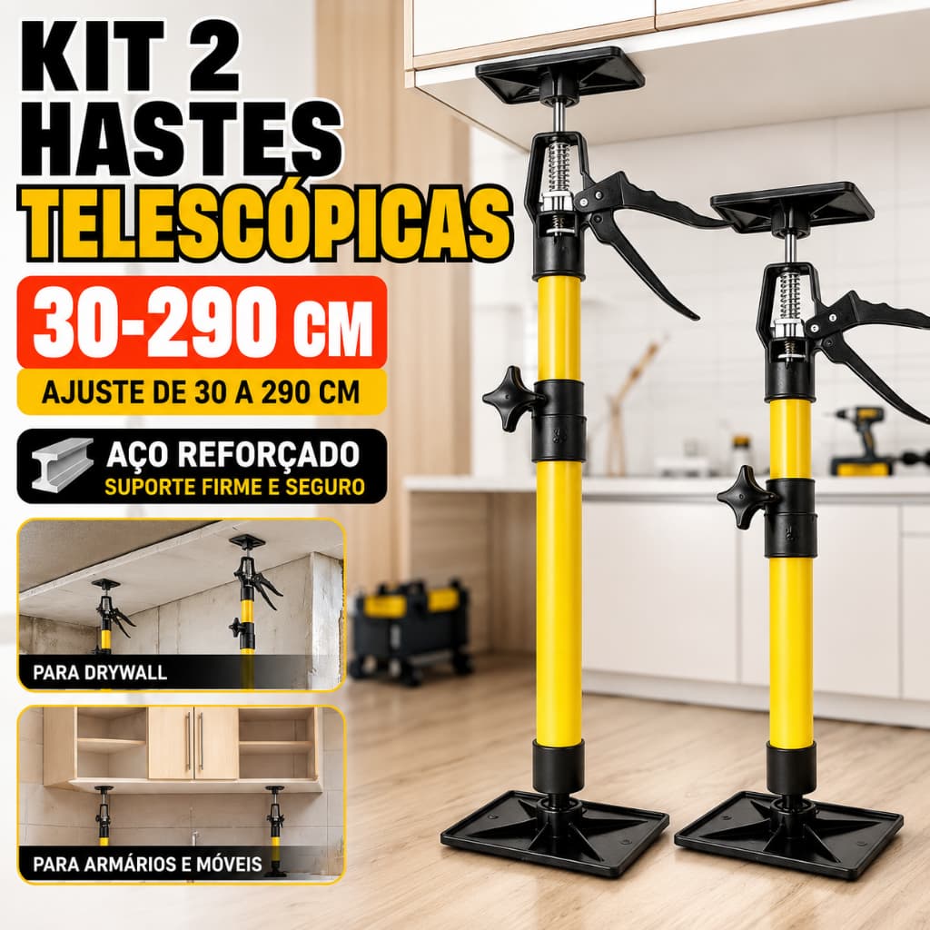 Kit 2 Hastes Telescópicas Aço Ajustável - Suporte Manual para Drywall e Armários