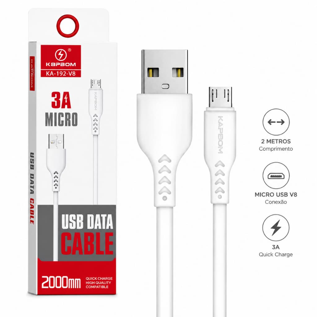 Cabo Carregador V8 Micro USB 2 Metros Turbo Reforçado