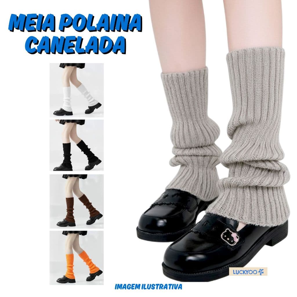 Meia Polaina Canelada 38cm Sem Pé Aeróbica Ballet Fitness Colegial Ginástica Academia Cosplay Japonesa Lolita Gringa