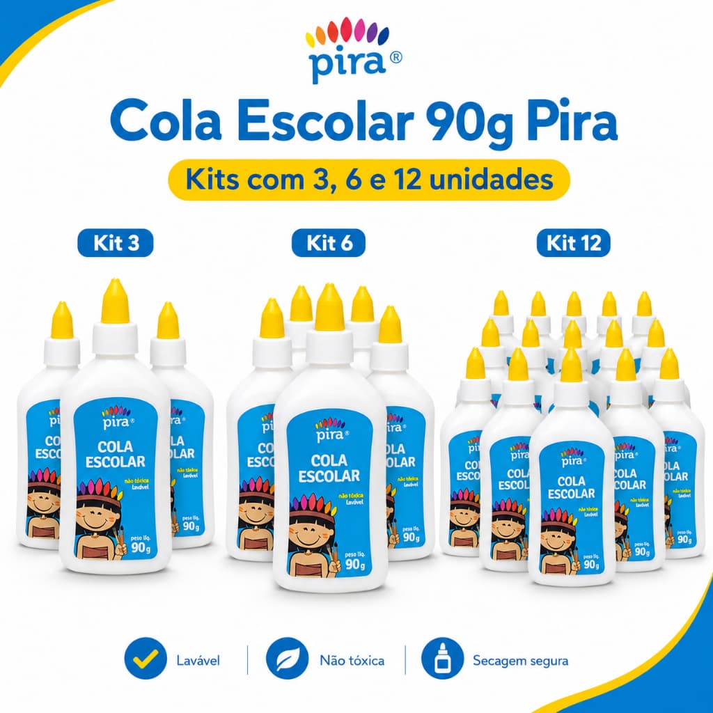 Cola Branca Escolar Piratininga 90g Kit 3, 6 ou 12 Unidades para Papel e Artesanato