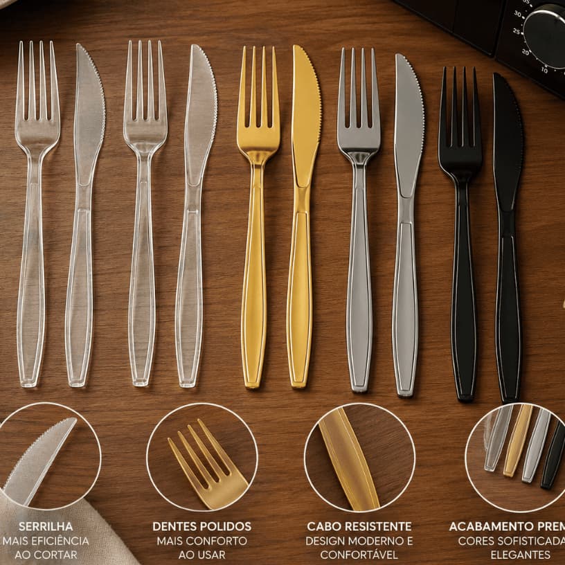 Kit de Garfo e Faca Reforçado Churrasco Descartável Resistente Em Acrílico Talhes Para Festa