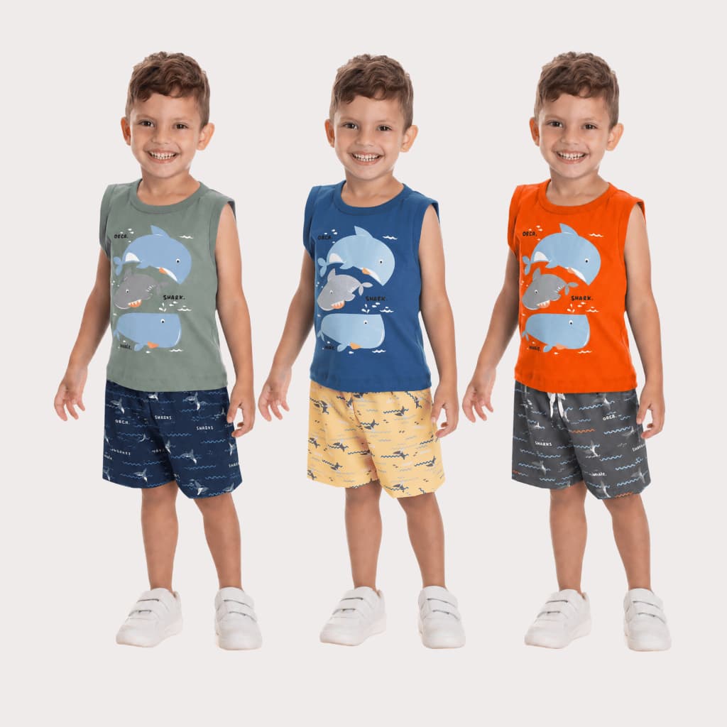 Conjunto Infantil Menino Regata Meia Malha e Bermuda Tactel Tubarão e Baleia