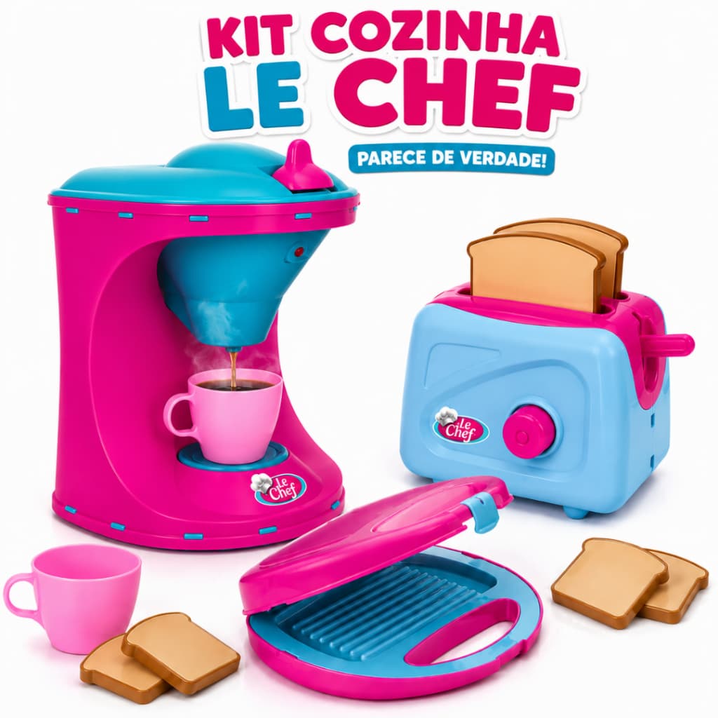 Kit Cozinha Infantil Faz De Conta LE CHEF Utensilio – SANDUICHEIRA + TORRADEIRA + CAFETEIRA