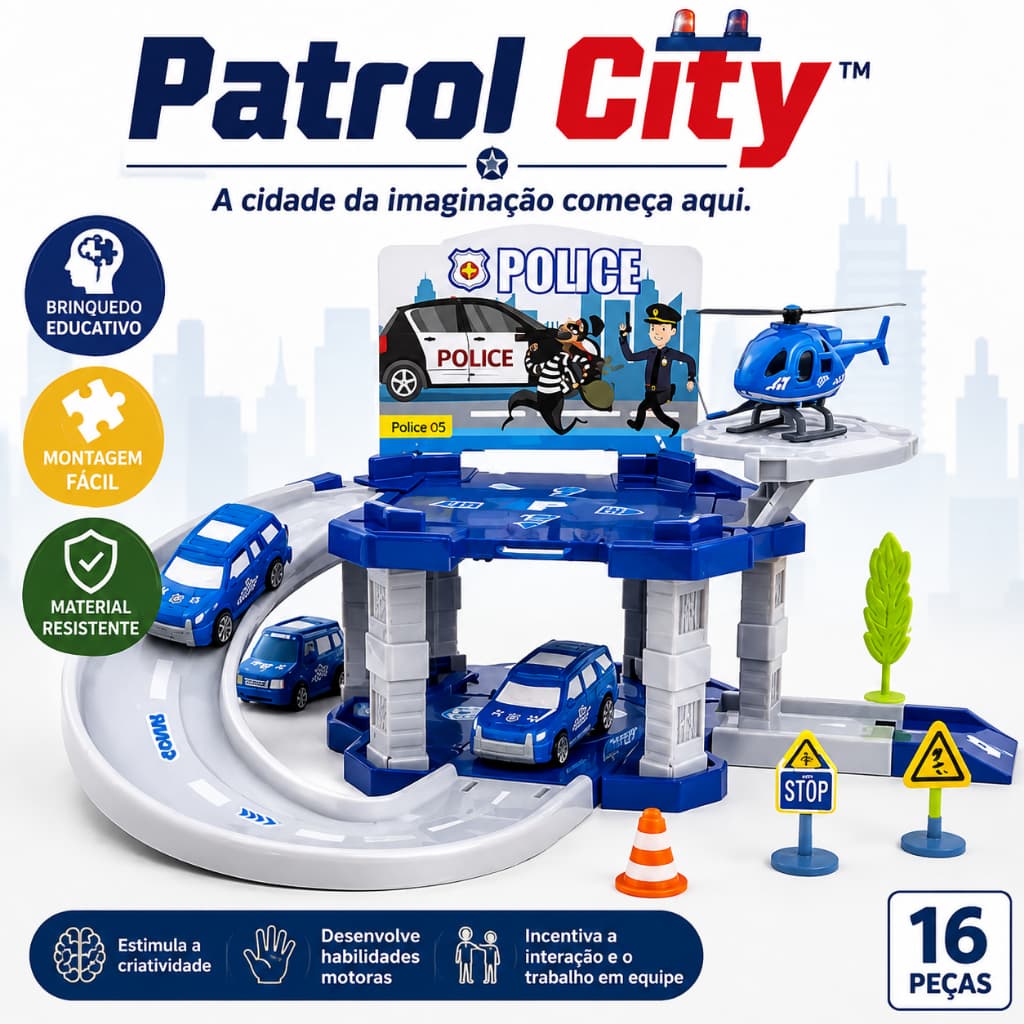 Pista Estação Policial Infantil 16 Peças Brinquedo Educativo de Montagem com Carrinhos Patrol City™