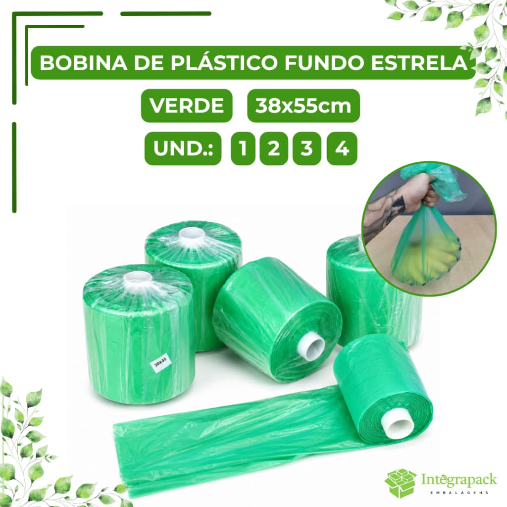 Bobina Plástica Fundo Estrela Verde 38x55cm Embalagem Alimentos Frutas Verduras Hortifruti