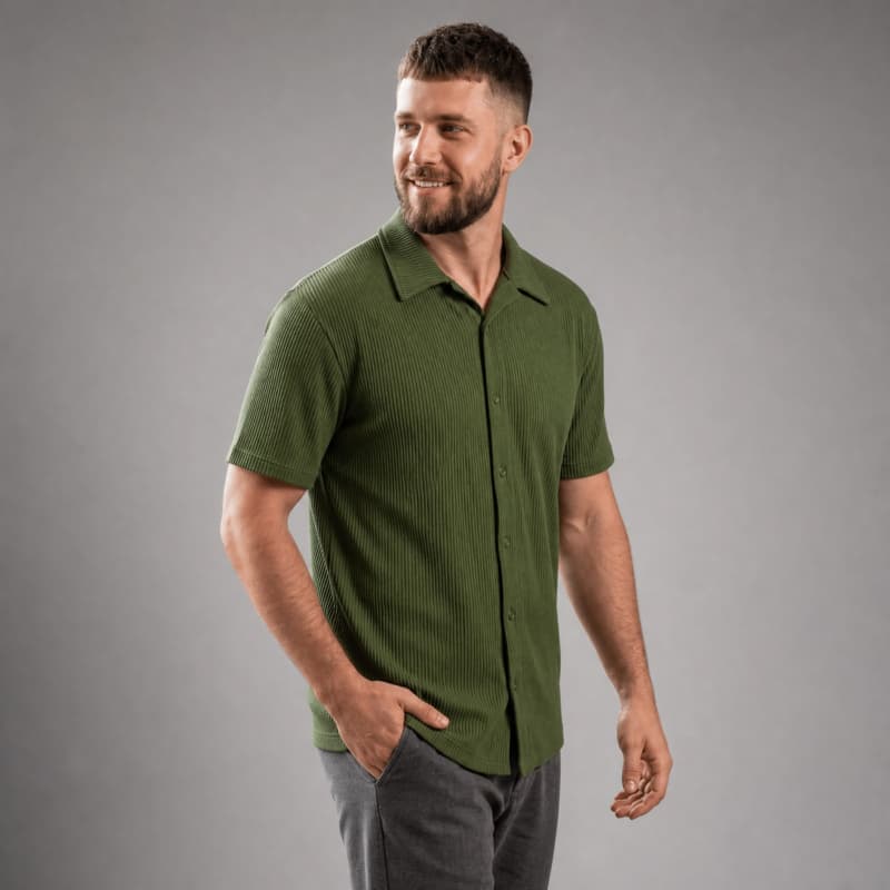 Camisa Casual Masculina Texturizada De Botões Canelada Americana