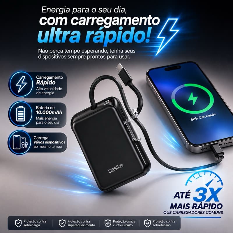 Power Bank 10000mAh PD 20W Cabos USB-C Lightning Carregador Portátil iPhone Android