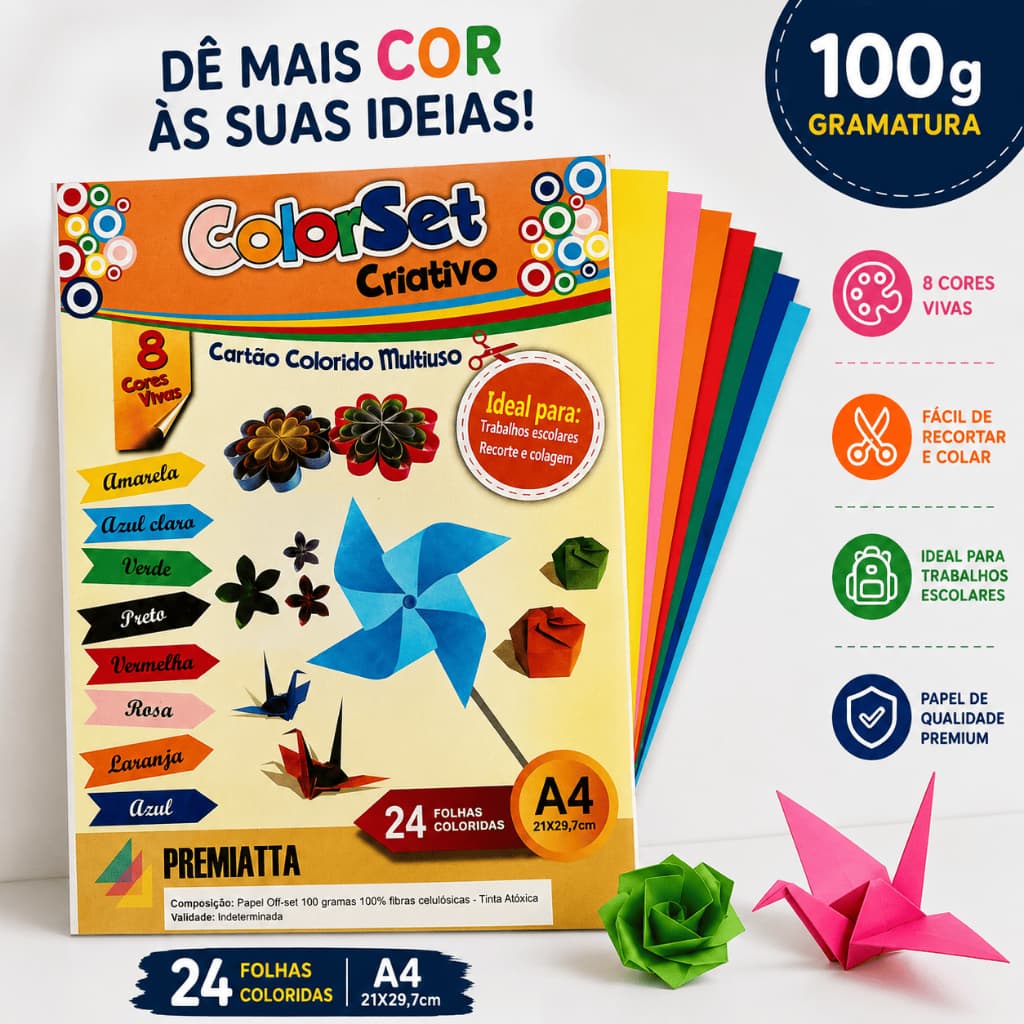 Papel A4 Colorido 100g 24 Folhas 8 Cores Color Set Criativo Premiatta