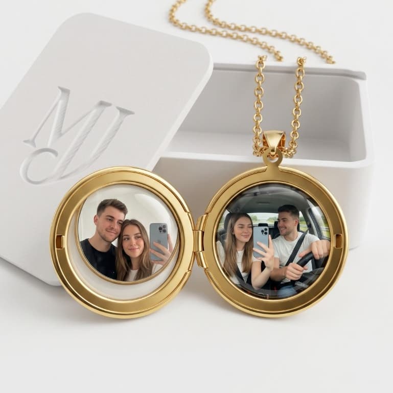 Colar Relicário com Fotos Personalizadas em Aço Banhado Ouro 18K + CAIXINHA PRESENTE