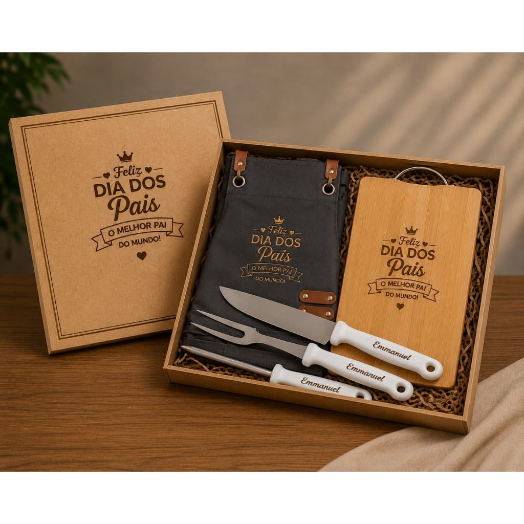 Kit Churrasco Personalizado Dia dos Pais | Tábua + Avental Bordado + Kit 3 Peças + Caixa MDF