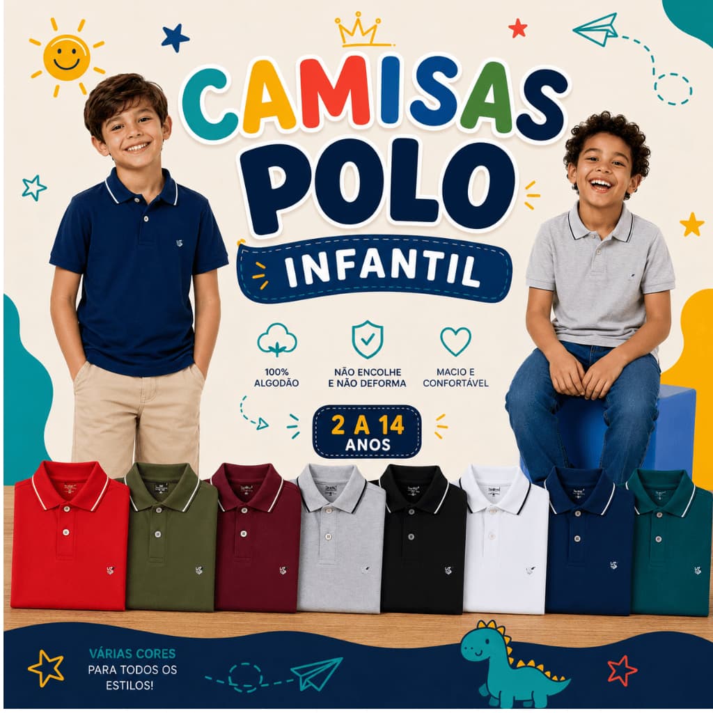 Kit 2 Camisas Gola Pol.o Infantil  100% Algodão 2 a 14 Anos