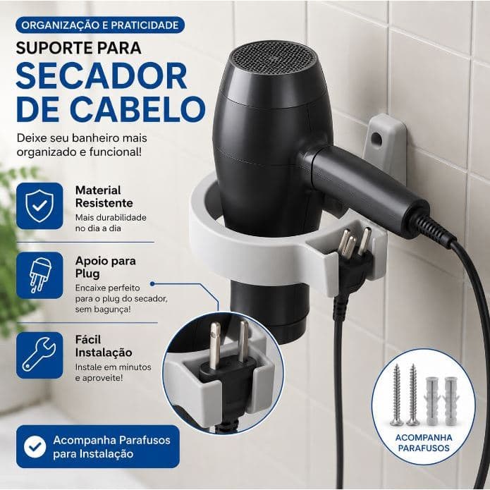 Suporte para Secador de Cabelo de Parede com Apoio para Plug | Organizador de Banheiro | Acompanha Parafusos