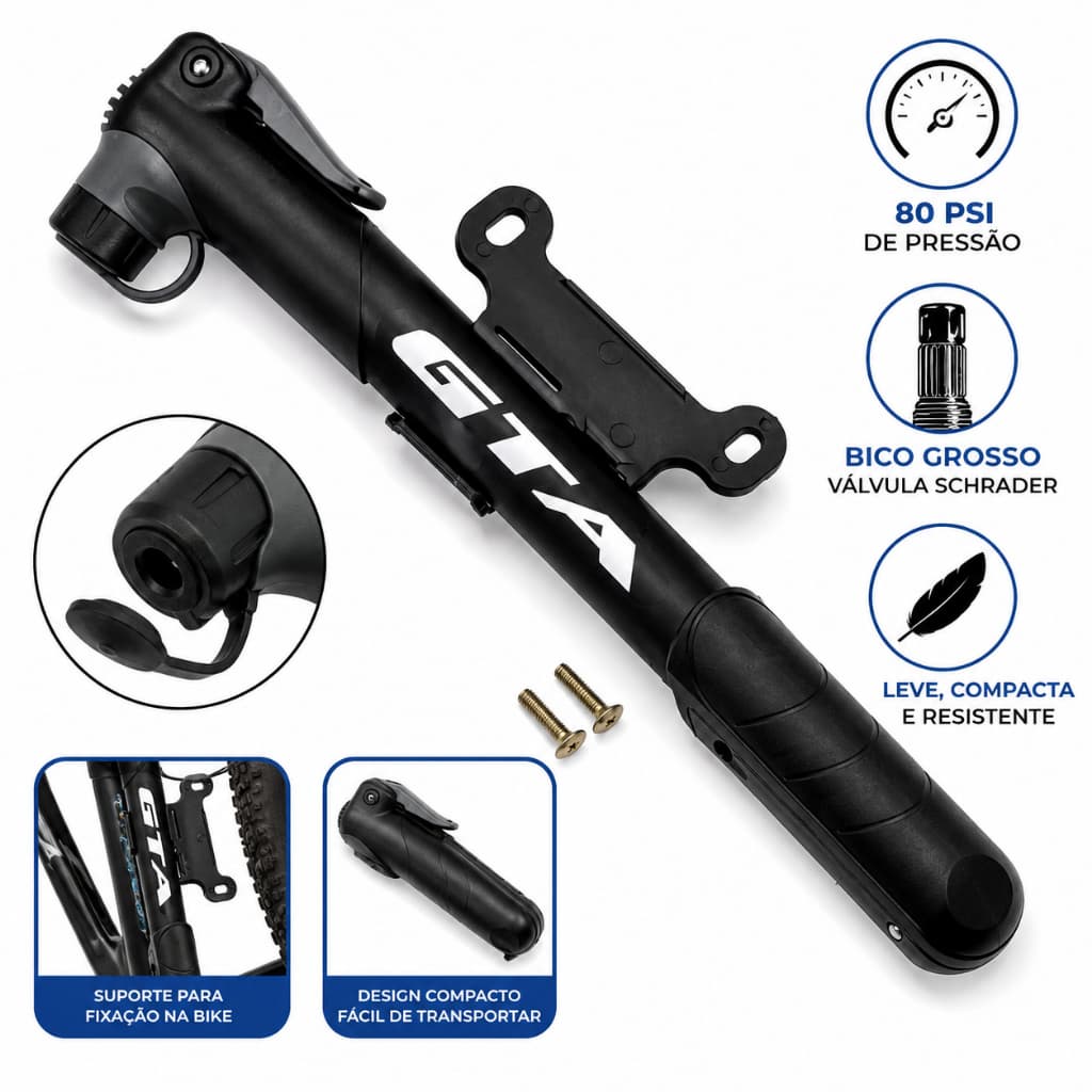 Mini Bomba De Ar Gta Bicicleta Com Suporte 80 PSI Manual Portátil Telescópica Bico Grosso Schrader MTB Speed Urbana