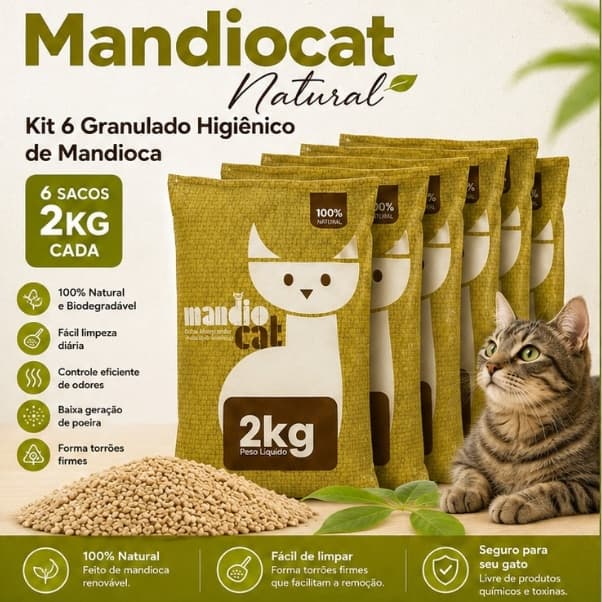 Kit 6 Granulado Higiênico de Mandioca Areia Mandiocat 2Kg