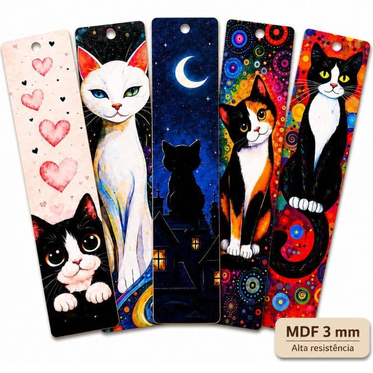 Kit 5 Marcadores de Página Madeira MDF 3mm Gatos Bookmark Livro Leitura Presente Criativo Resistente