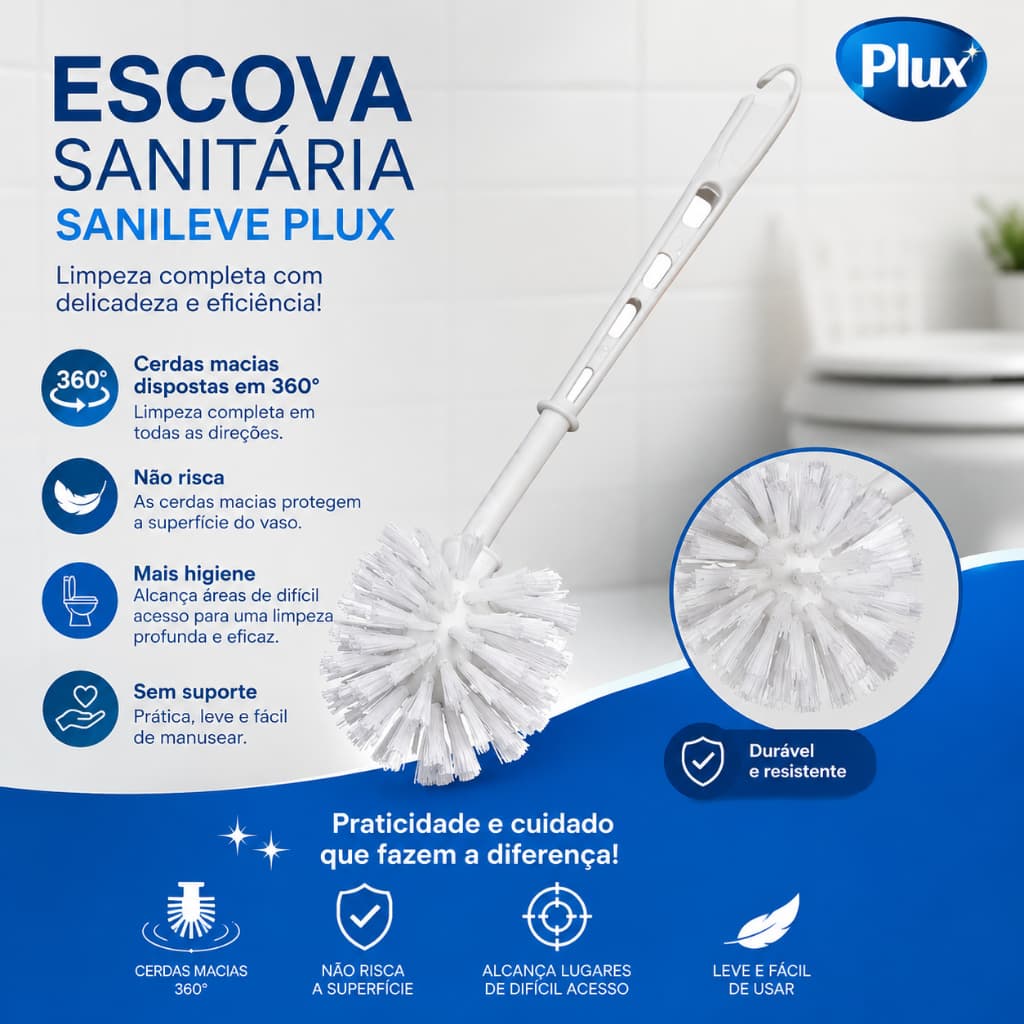 Scova sanitária sem suporte, equipada com cerdas macias dispostas em 360°