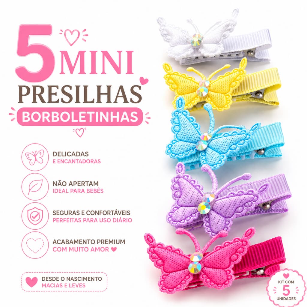 Kit 5 Mini Presilhas Borboletas para Meninas na Presilha Forrada Lacinho Borboletinha Presente Maternidade e Chá de Bebê