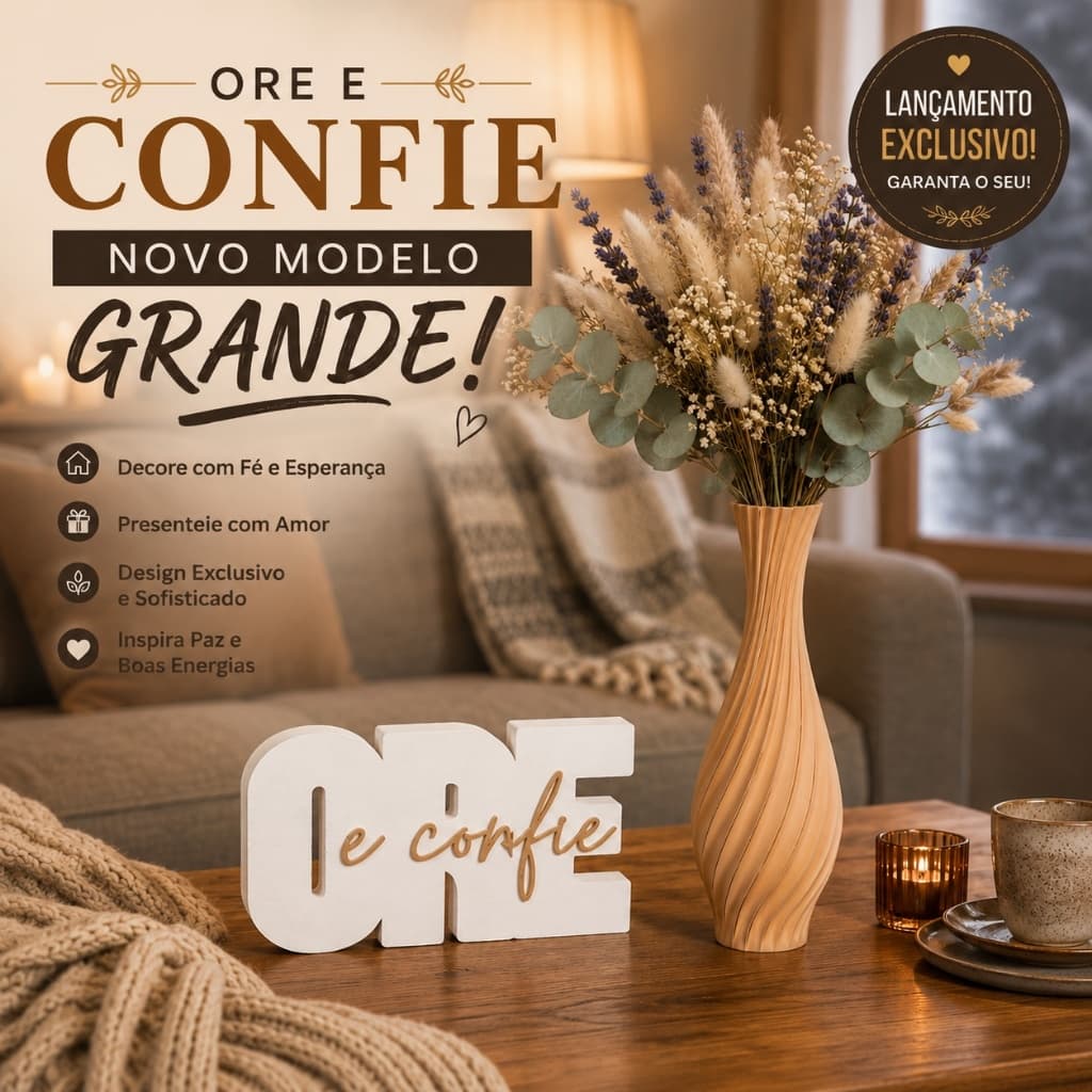 Novo Kit Decorativo “Ore e Confie” com Vaso Grande, Design Moderno Decoração Vaso e Letreiro Presente Criativo