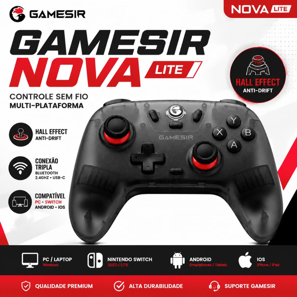 Controle GameSir T4 Nova Lite Sem Fio Hall Effect Anti Drift Bluetooth 2.4GHz USB-C PC Switch Android iPhone