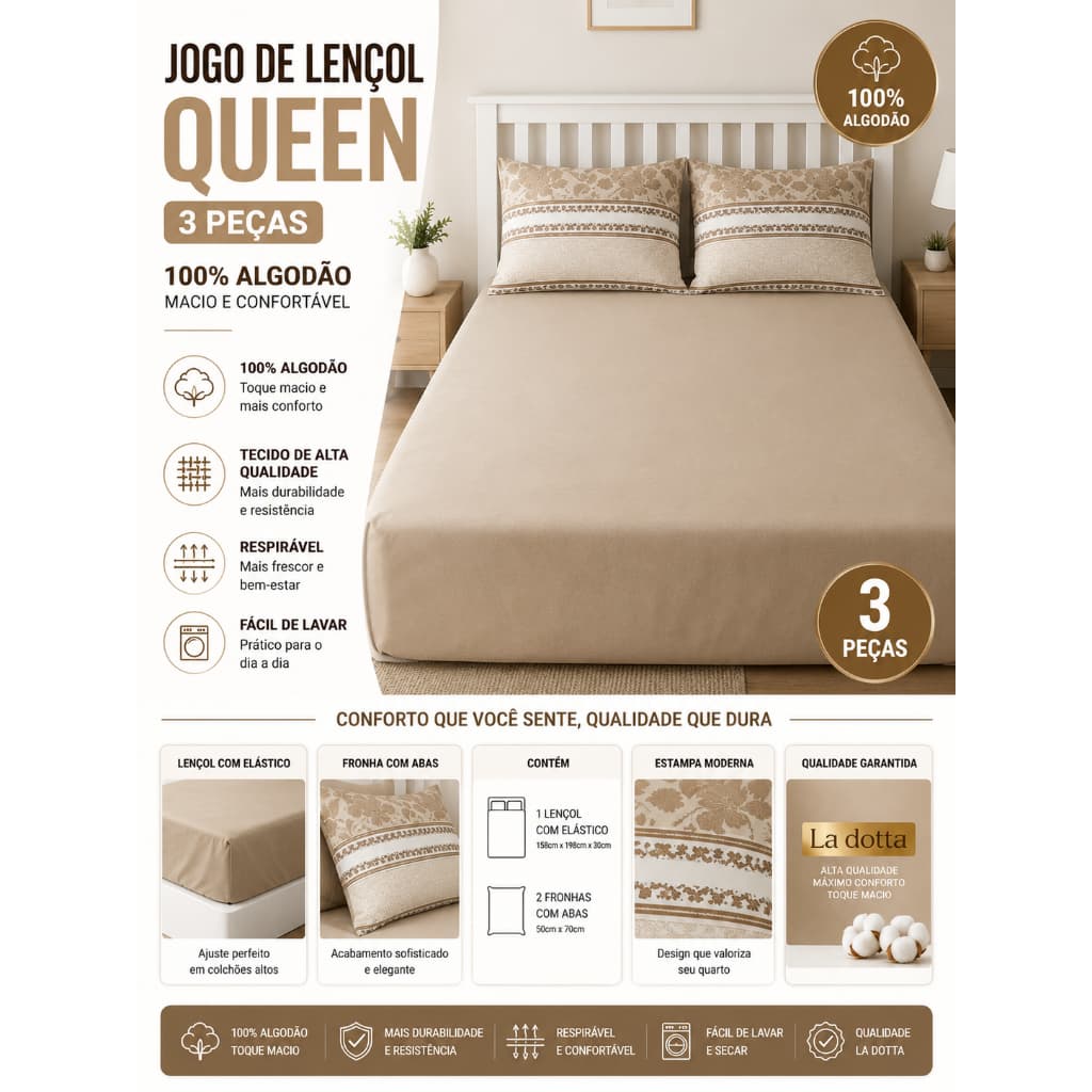 Jogo de Lençol King Size 3 Peças 100% Algodão Toque Macio Estampa Mel La Dotta