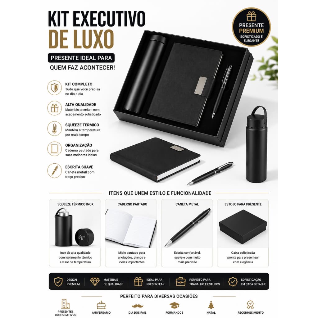 Kit Brinde Executivo De Luxo - Squeeze Térmico Inox + Caderno Pautado + Caneta Metal